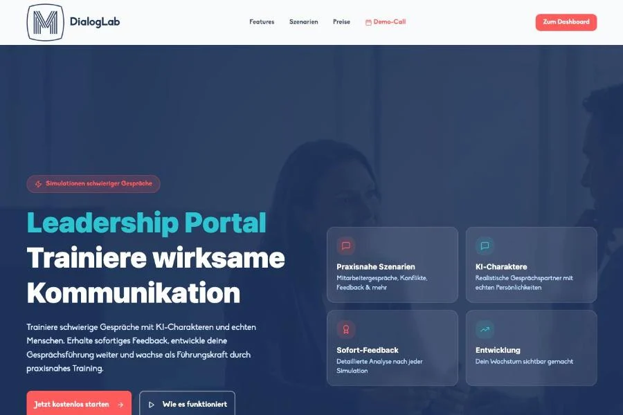 DialogLab Startseite mit Gesprächsszenarien und direktem Feedback